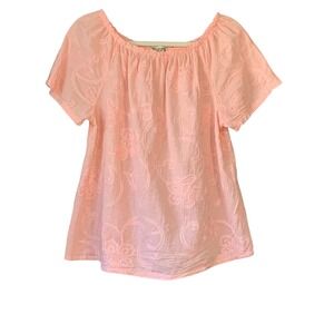 Terzo Millennio Cotton Peach Italy Embroidered Floral Swiss Dot Top Blouse Small